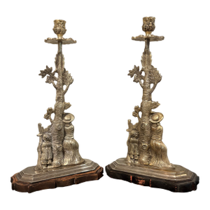 Candlestick Candle Holder Metal & Wood Base Mother Child Tree Sp c.2000