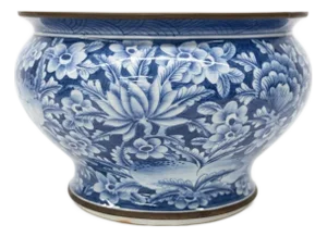 Blue and White Ceramic Bowl with Rounded Bloom Form