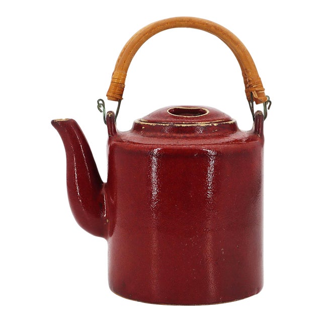 1900s Chinese Oxblood Glaze Stoneware Teapot With Bamboo Handles For Sale