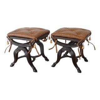 Neoclassical X-Frame Stools With Leather Cushions - A Pair For Sale