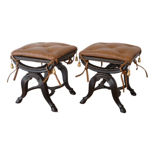 Neoclassical X-Frame Stools With Leather Cushions - A Pair For Sale