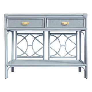 Matthew Izzo Home Gideon Light Blue Painted Rattan Two Drawer Console With Decorative Back and Polished Brass Hardware For Sale