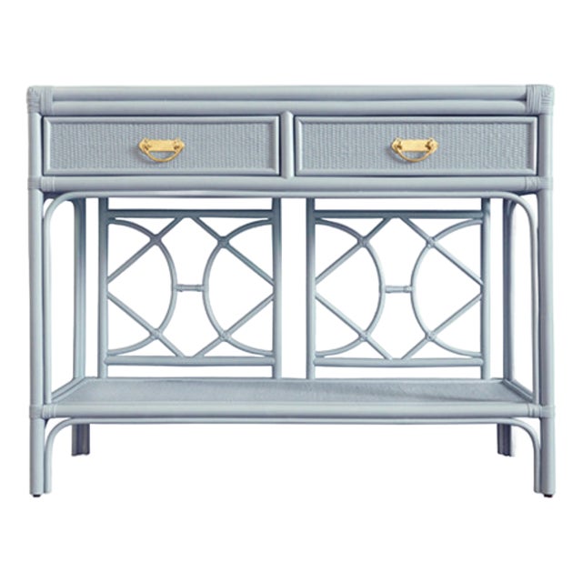 Matthew Izzo Home Gideon Light Blue Painted Rattan Two Drawer Console With Decorative Back and Polished Brass Hardware For Sale