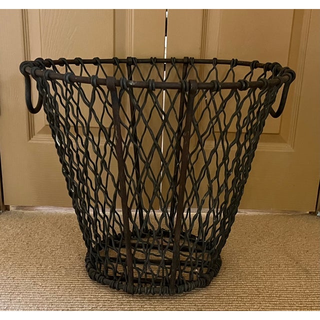 American Large Antique Early 20th Century Heavy Gauge Industrial Wire Work Basket With Handles for Garden or Hearth For Sale - Image 3 of 17