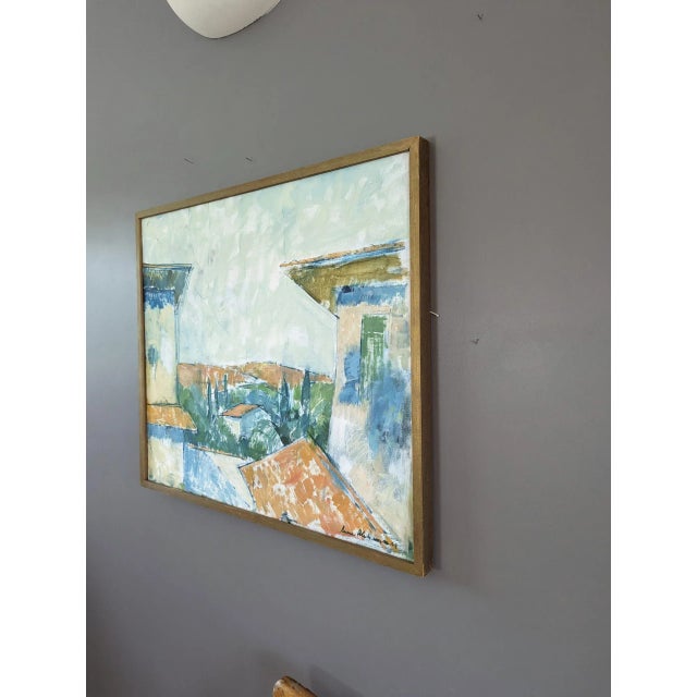 1960s Mid-Century Modern "Rustic Houses" Vintage Swedish Landscape Oil Painting, Framed For Sale - Image 5 of 12