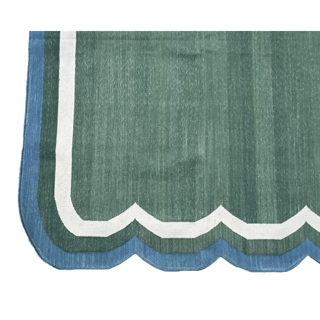 Forest Green Handmade Cotton Flat Weave Area Rug, Forest Green and Teal Blue Scalloped Dhurrie - 8'x10' For Sale - Image 8 of 12