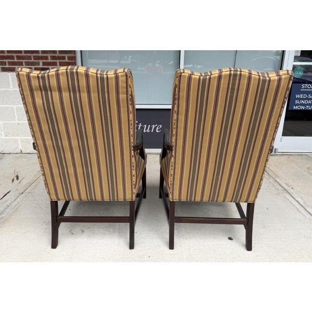 Pair of Ethan Allen High Back Arm Chairs With Striped Upholstery For Sale In Raleigh - Image 6 of 16