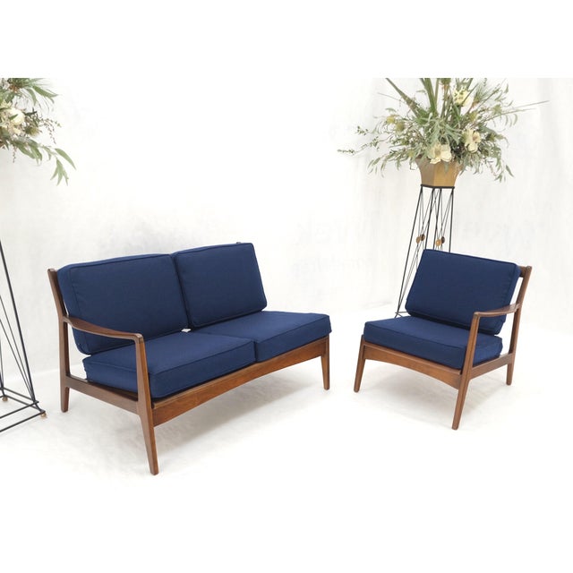 Danish Mid-Century Modern New Upholstery Walnut Frames Sofa & Chair Set Mint! For Sale - Image 10 of 15