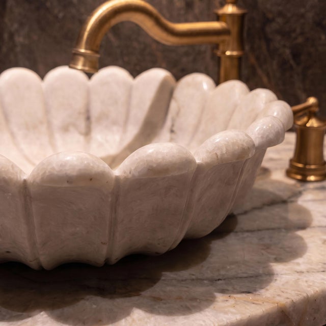 Handmade Blossom White Marble Flower Vessel Sink | Luxury Natural Stone Vanity Bathroom Basin For Sale - Image 6 of 9