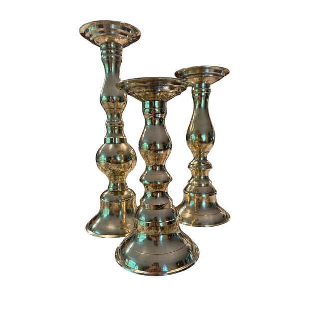 Metal Polished Brass Candlesticks Set of 3 For Sale - Image 7 of 12