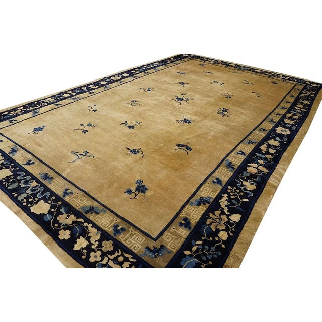 Textile 1920s Beige Floral Classic Antique Chinese Peking Carpet 8'10'' X 14' Knotted Wool Rug For Sale - Image 7 of 12
