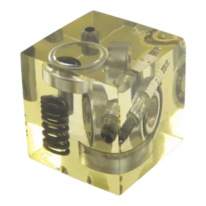 Pierre Giraudon Style Resin Cube Sculpture Paperweight with Car Parts Inclusions 1970s