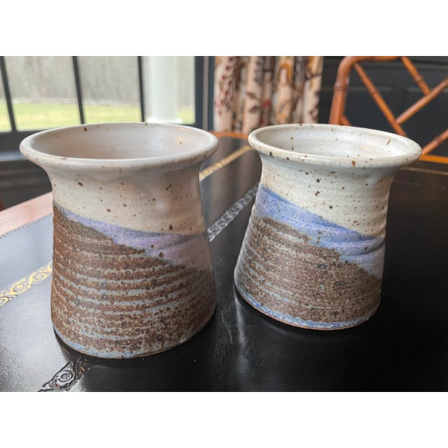 Vintage Hand-Made Hand-Painted Blue Maine Pottery Vessels - a Pair For Sale - Image 11 of 11