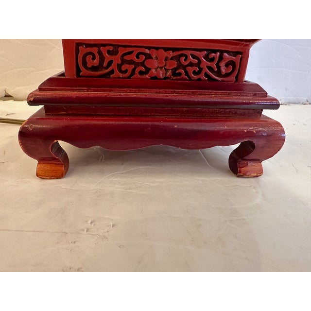 Cinnabar Red Chinese Carved Wood Table Lamp For Sale In Philadelphia - Image 6 of 8
