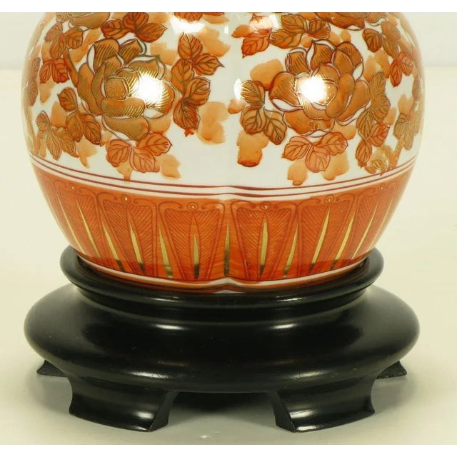 Ceramic Hand Painted Persimmon Peonies & Parcel Gilt Table Lamp For Sale - Image 7 of 8