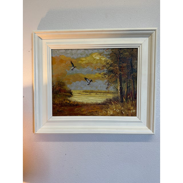 Vintage Oil Painting Landscape With Mallard Ducks Landing by Bennett For Sale - Image 9 of 11