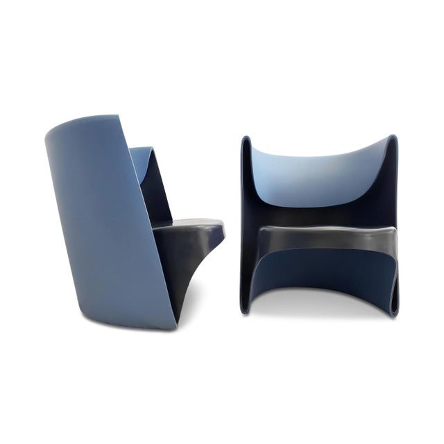 A pair of rare Nino Rota chairs in blue designed by Ron Arad for Cappellini in 2002. Reflecting Arad’s exploration of...