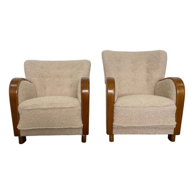 Danish Art Deco Style Lounge Chairs in Beige Bouclé, 1940s, Set of 2 For Sale