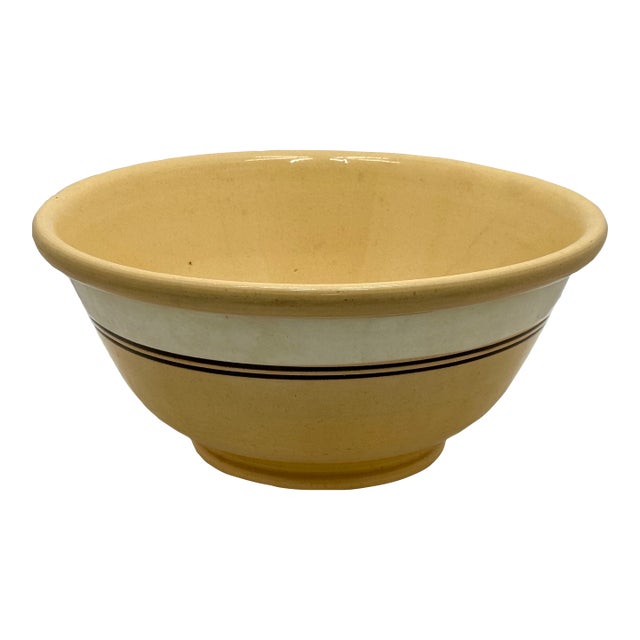 Nice Antique Large Thick & Heavy 13 Inch Brown & Cream Color Banded Yellow Ware Kitchen Mixing Bowl - Circa Late 1800s For Sale