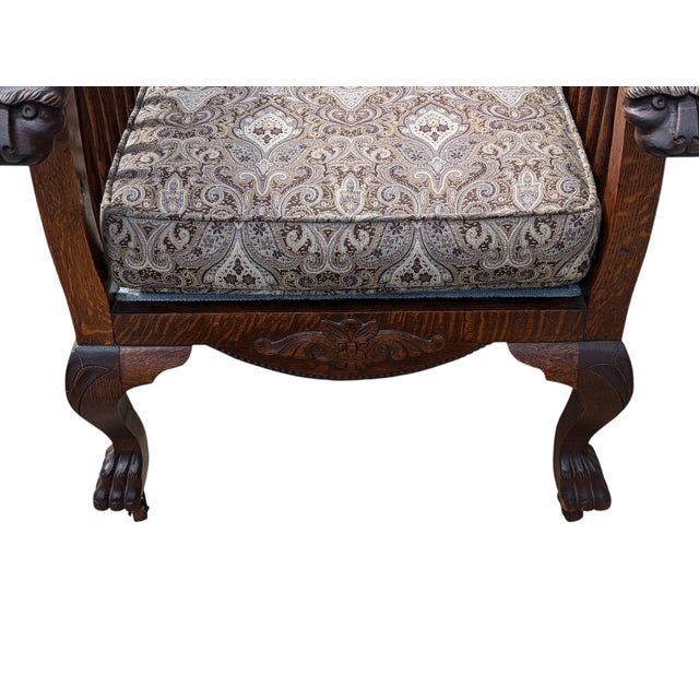 Wood Antique Arts & Crafts Carved Oak Morris Recliner & Ottoman For Sale - Image 7 of 11