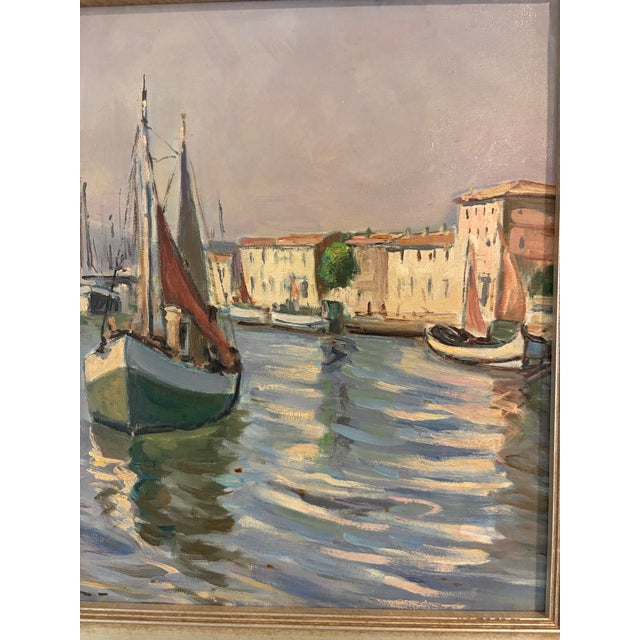 French French Harbor and Sailboat Scene Oil Painting, Early to Mid 20th Century For Sale - Image 3 of 6