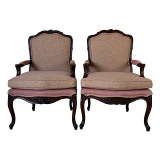 Vintage French Provincial Louis XV Style Carved Walnut Armchairs – A Pair For Sale