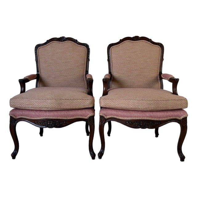 Vintage French Provincial Louis XV Style Carved Walnut Armchairs – A Pair For Sale