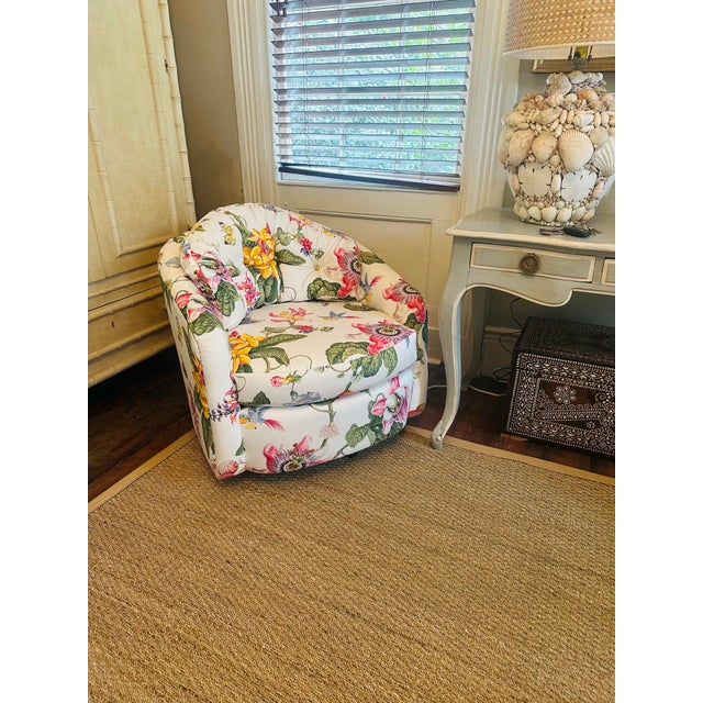 Vintage Swivel Chair Reupholstered in Brunswick and Fils Fabric For Sale In Charleston - Image 6 of 8