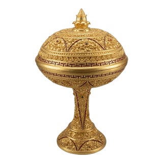 Early 1900s Hsun Ok Burmese Offering Vessel - Gold Gilt & Lacquer- Large 33” Tall For Sale