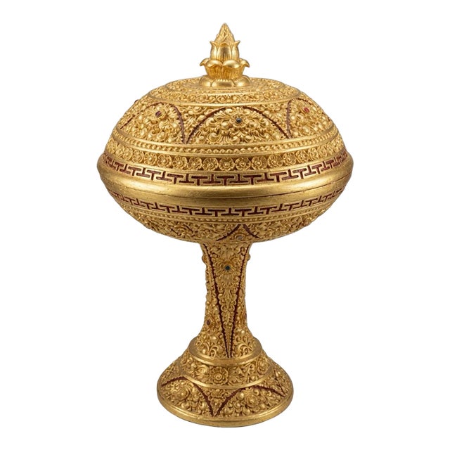 Early 1900s Hsun Ok Burmese Offering Vessel - Gold Gilt & Lacquer- Large 33” Tall For Sale