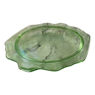 1930s Green Depression Uranium Glass Footed Cake Plate For Sale