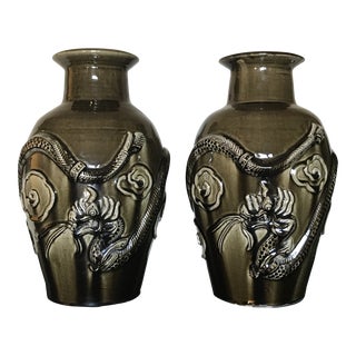Large Asian Mid-Century Dragon Vases - a Pair For Sale