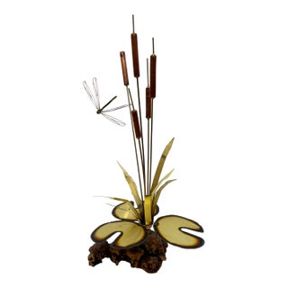 Vintage Brass Cattails and Dragonfly Sculpture With Driftwood Base 1960s For Sale