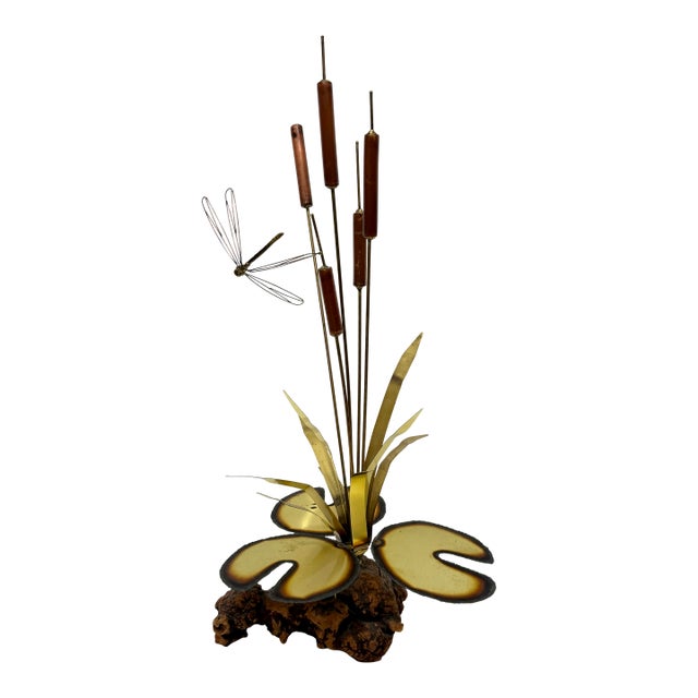 Vintage Brass Cattails and Dragonfly Sculpture With Driftwood Base 1960s For Sale