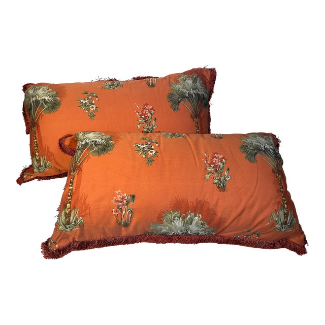 Tropical Palm Beach 35” Ochre Pillows With Fringes For Sale