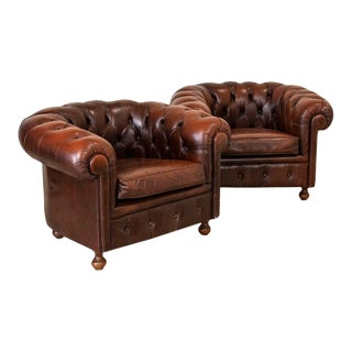 Pair, Authentic Vintage Leather Chesterfield Club Chairs For Sale