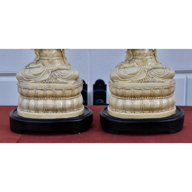 Asian Vintage HMH Pair of Table Lamps Guanyin Asian Faux Ivory For Sale - Image 3 of 16