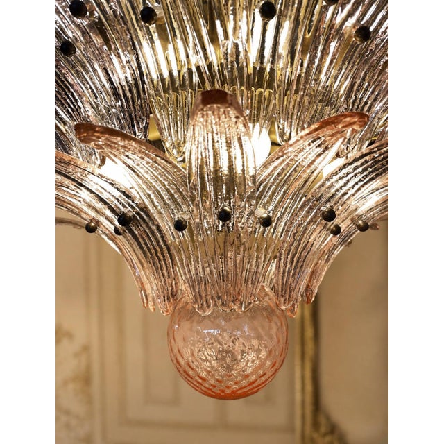 Gold Monumental Pink Glass Leaf Chandelier, 1980 For Sale - Image 8 of 18