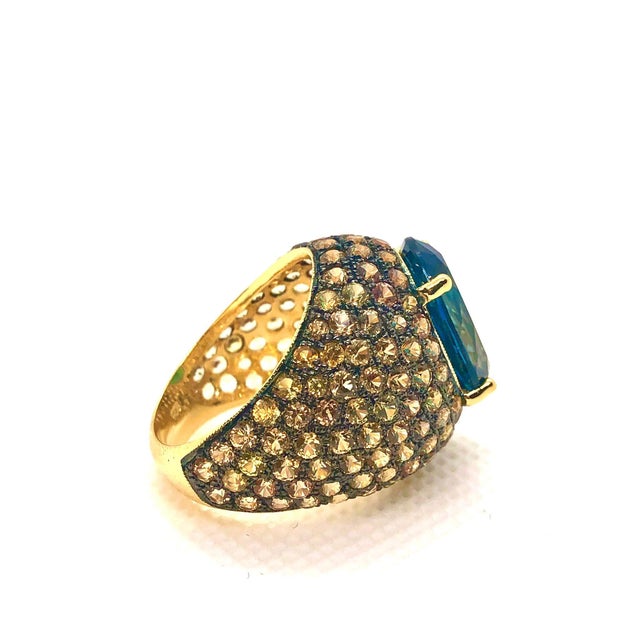 Bochic "Orient" Vintage Natural Yellow Sapphire & Blue Topaz Ring Set 18K Gold & Silver For Sale - Image 4 of 8