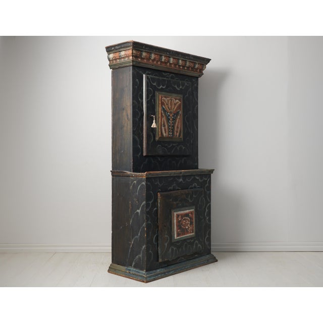 Tall Swedish Handcrafted Black Painted Pine Folk Art Cabinet For Sale - Image 6 of 18