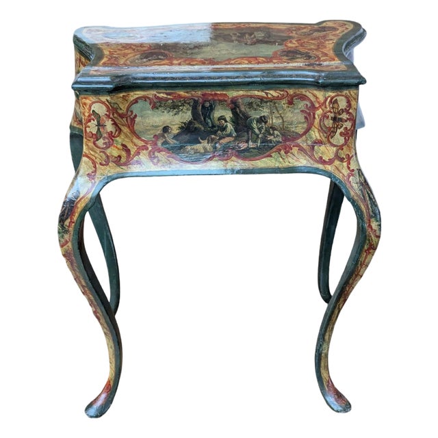 Antique Venetian Style Lacquered Wood Vanity Table and Desk With Folding Storage Wings and Mirror For Sale