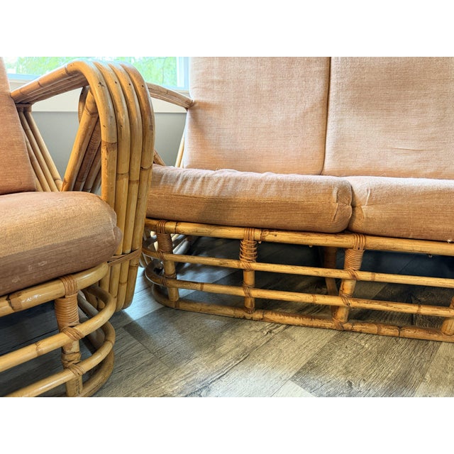 Vintage Six-Strand Square Pretzel Rattan Sofa + Pair of Lounge Chairs, Style of Paul Frankl For Sale - Image 10 of 14