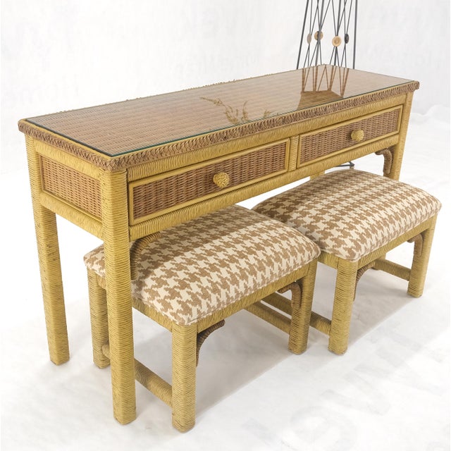 Mid Century Modern Wicker Glass Top Consoel Table w/ Pair of Matching Benches For Sale - Image 15 of 18