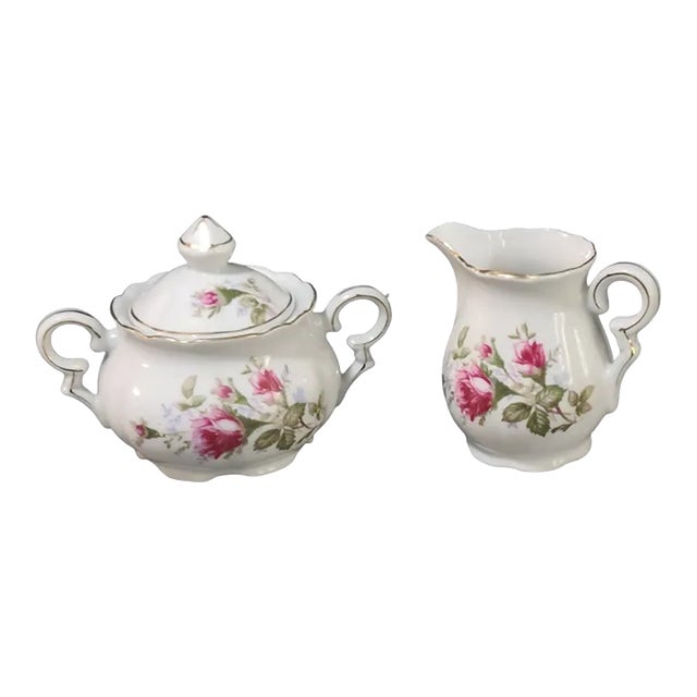 Vintage Japanese Porcelain Royal Rose Set Sugar Bowl & Creamer For Sale