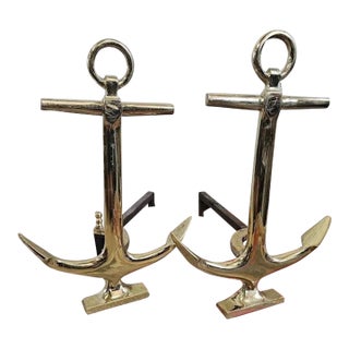 Rare Vintage "Puritan" Solid Brass Anchor Andirons | Favorite Stove & Range Co. | Nautical Fireplace Decor For Sale