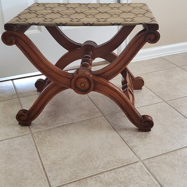 Late 20th Century Late 20th Century Curule Style Carved Wood Stool Collapsible X Base Fabric Seat For Sale - Image 5 of 10