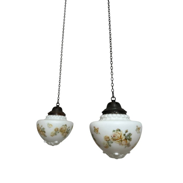 Metal Antique Edwardian Church Painted Pendants in Satin Opaline Milk Glass, 1890s, Set of 2 For Sale - Image 7 of 7