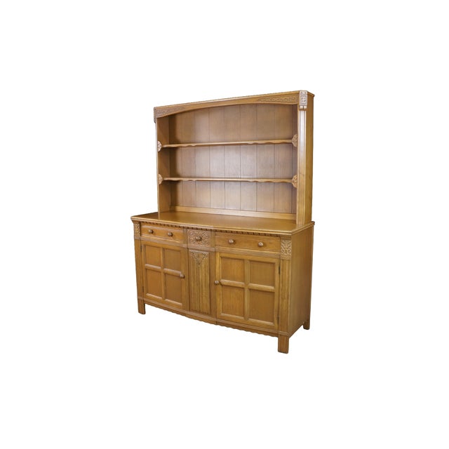 Spanish Revival Vintage Jacobean Spanish Revival Oak Welsh Dresser Buffet & Hutch Cupboard 68" For Sale - Image 3 of 13