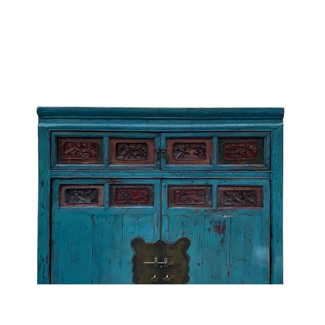 1980s Chinese Vintage Carving Panel Tall Credenza Blue Storage Cabinet For Sale - Image 5 of 6