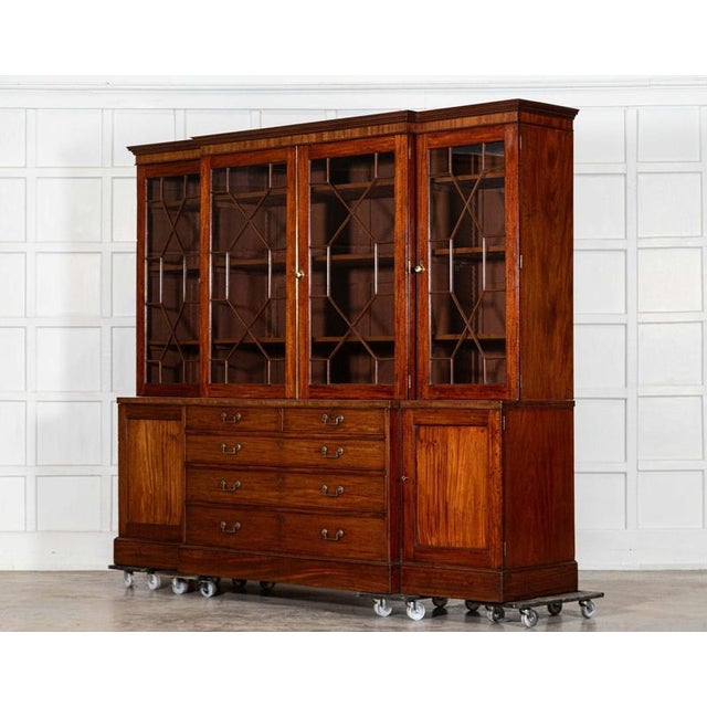 Late 19th Century Antique English Breakfront Inlaid Glazed Bookcase in Mahogany, 1870 For Sale - Image 5 of 18